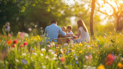 A happy family gathered in a natural landscape, enjoying a picnic amidst blooming flowers, lush grass, and under the warm sunlight. AIG41 - obrazy, fototapety, plakaty