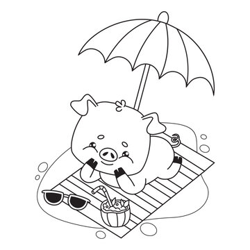 recommend clip art: Happy summer piglet sunbathing resting on beach towel under sun umbrella. Cute outline animal cartoon character. Line drawing, coloring book. Vector illustration. Kids collection.