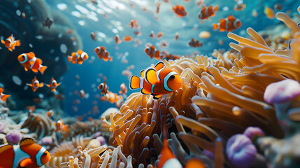 School of vibrant clownfish darting among swaying coral reefs - obrazy, fototapety, plakaty