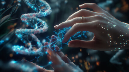 The hand of a medical researcher delicately interacts with holographic images of microscopic organisms and DNA strands, AI generated