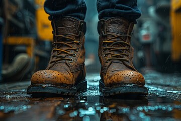 A detailed image showcasing rugged brown boots on a wet floor, emphasizing durability in harsh conditions - obrazy, fototapety, plakaty