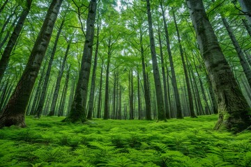 Obraz premium A verdant forest with a carpet of ferns and towering trees filtering sunlight through the canopy