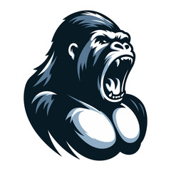 Wild angry gorilla head face vector illustration, primate animal zoology element illustration, roaring strong big ape logo mascot, design template isolated on white background - obrazy, fototapety, plakaty