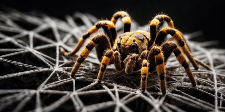   A high-resolution photo of a yellow and black spider on a black and white background, with a clear shot of its front