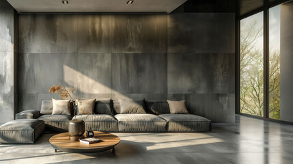 Modern Minimalist Living Room with Large Sofa and Panoramic Windows
