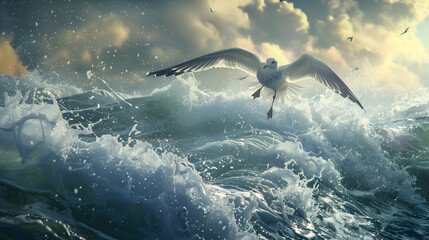 Obraz premium Seagull diving to catch fish in a turbulent sea
