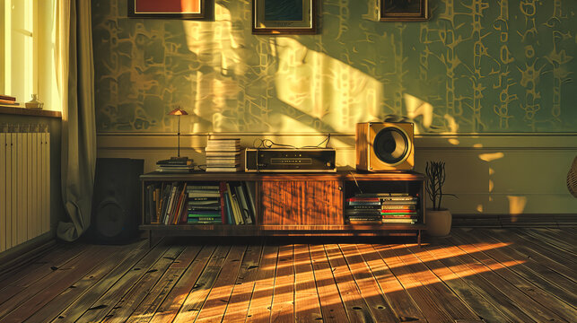 Retro Music Corner with Vintage Turntable and Records, Stylish and Nostalgic Space for Audio Enthusiasts