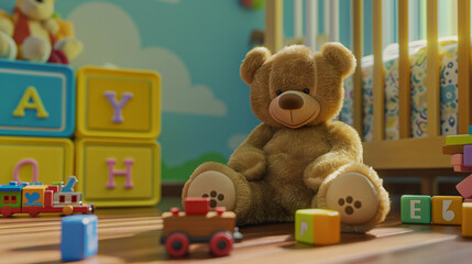 A colorful nursery with plush toys. Stuffed animals and building blocks create a playful scene., AI generated