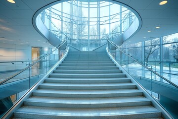Fototapeta premium An empty, modern spiral staircase in a glass building, showcasing architectural elegance and clean lines