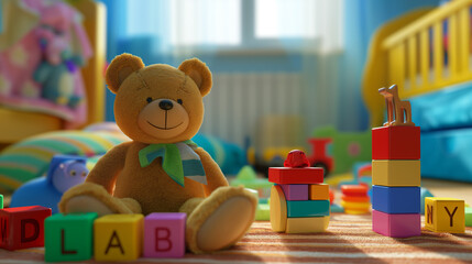 A colorful nursery with plush toys. Stuffed animals and building blocks create a playful scene., AI generated