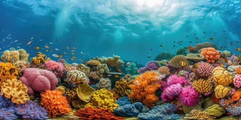 Gordijnen An underwater coral reef scene, diverse marine life, vivid colors, showcasing the beauty and diversity of ocean life. Underwater photography, coral reef ecosystem, diverse marine life,. Resplendent. © Summit Art Creations