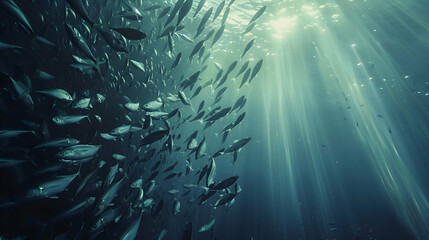 Shoal of shimmering sardines dancing in shimmering underwater light - obrazy, fototapety, plakaty