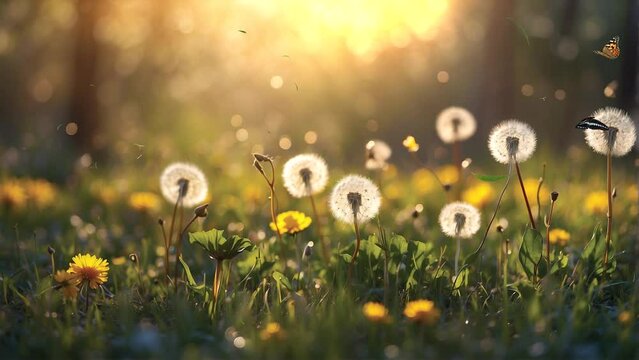 Witness the breathtaking sight of herbs and dandelions illuminated by the radiant warmth of the morning sun, their vibrant colors and delicate petals capturing the essence of a new day in mesmerizing 