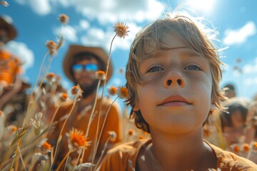 Young boy in a field of sunflowers with his family in the background
