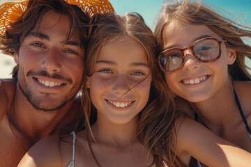 Cheery siblings taking a playful group selfie at the beach against a clear sky backdrop - Powered by Adobe