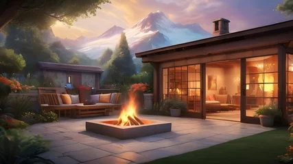 Foto op Aluminium illustration vignette of a cozy outdoor space with elements such as a fire pit, pergola, and garden bed against the backdrop of a snowy mountain view and romantic sky colors. ai generated © LordOttori