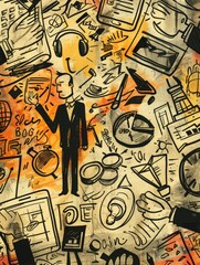 Abstract portrait of businessman among symbols - A symbolic representation of a businessman surrounded by various business and lifestyle icons in an abstract art style
