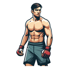Man mixed martial arts athlete half body design illustration, MMA sport fighter, octagon combat, kicking strike, punching with fist. vector template isolated on white background