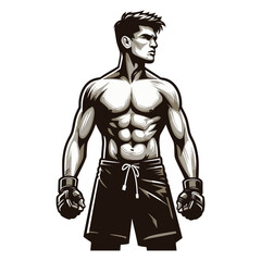 Fototapeta premium Man mixed martial arts athlete half body design illustration, MMA sport fighter, octagon combat, kicking strike, punching with fist. vector template isolated on white background