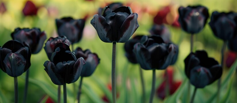 Macro photo of tulips with black velvet petals on a garden background of green grass for various purposes.