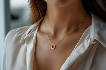 close up gold necklace pendant of  d on female neck