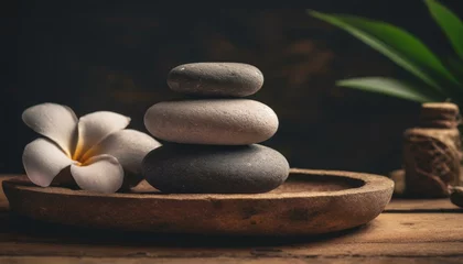 Foto op Canvas  A stack of spa stones is neatly placed on top of a wooden table tray, set against a dark backdrop © Marko