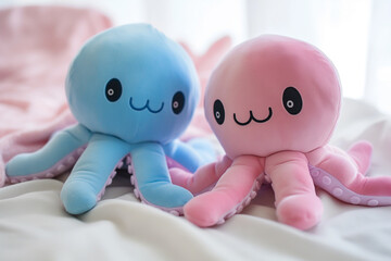 Octopus stuffed animal one cute pink and blue monster, in the style of hallyu, AI generated