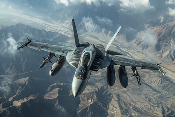 Naklejka premium A powerful image of a fighter jet flying above a mountain range, encapsulating the essence of freedom and strength