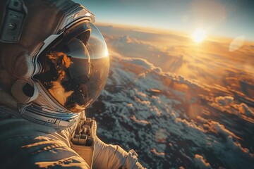 Stunning view of an astronaut in space against the magnificent backdrop of a sunrise over Earth - obrazy, fototapety, plakaty