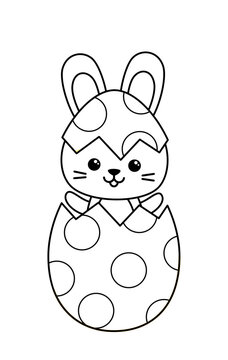 Coloring page bunny hatching from egg . Black and white hare in big polka dots egg. Vector