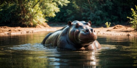  Hippo in water with trees and bushes in the background