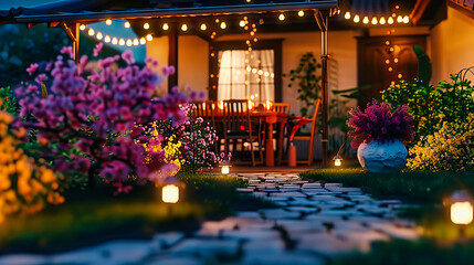 Illuminated Garden Path, A Nighttime Walk Through Nature, Decorative Lighting Enhances the Greenery