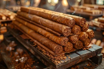 Küchenrückwand glas motiv A rich display of handcrafted cigars in detail, showcasing the art of cigar making © Dacha AI