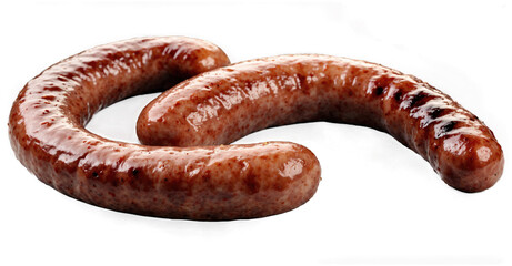 Grilled bratwurst and BBQ sausages isolated with white transparency