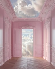 
Fantastic neo-baroque architecture, open pastel pink space, view of clouds and sky.
