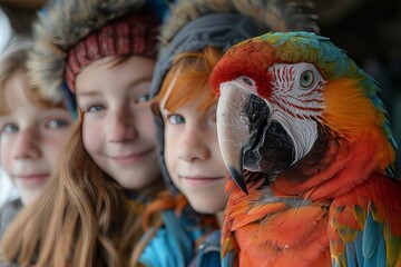 Three kids posing with a vibrant parrot, looking at the camera with smiles