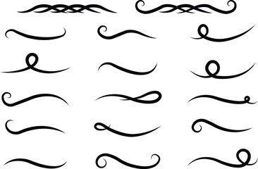 Hand drawn swirling lines and ornamental curls collections. Abstract calligraphic vector doodled dividers underline test icons set isolated on transparent background. Use for writing sketching. - obrazy, fototapety, plakaty