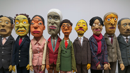 А group of puppets that include various workers in each role, in the style of cheery pop art, AI...