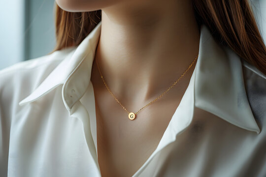 gold initial G necklace pendant on women neck