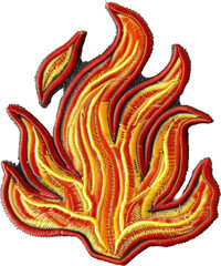 Vibrant embroidered fire flame patch, cut out transparent