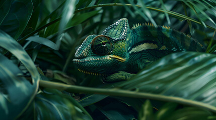 Stealthy chameleon blending seamlessly into lush rainforest foliage