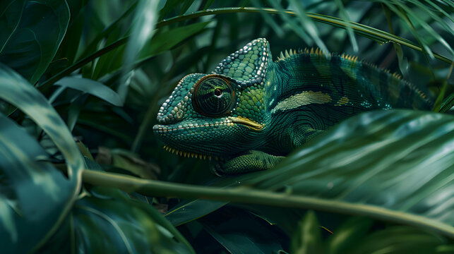 Stealthy chameleon blending seamlessly into lush rainforest foliage