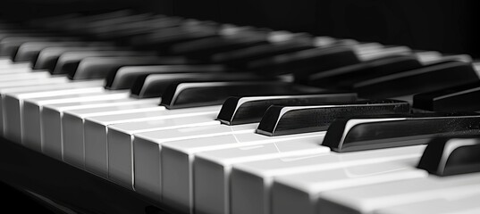 Monochrome close up of black and white piano keyboard, musical instrument detail