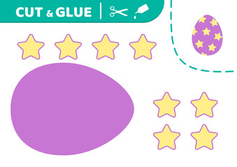 Cut and glue. Purple Easter egg with yellow stars. Applique. Paper game. Vector