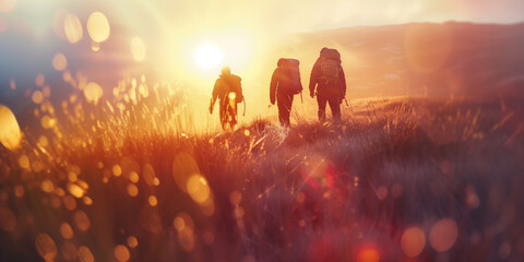 Three friends admiring beautiful landscape on scenic sunset. Adventurous young people with backpack. Hiking and trekking on a nature trail. Traveling by foot. - obrazy, fototapety, plakaty