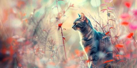 Portrait of cute cat with pastel floral overlay, artistically blending the feline's features with...