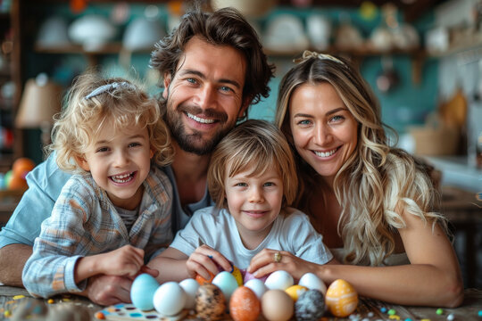 A happy family of four enjoys decorating Easter eggs together, creating colorful memories