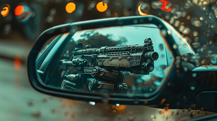 Surreal photo of an American vehicle's rear view mirror showing the reflection of a robot with guns, AI generated