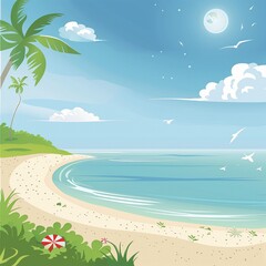 Professional summer background art with beach, palm trees and sea