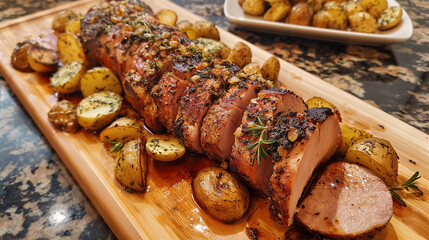 Herb roasted pork tenderloin with potatoes, AI generated